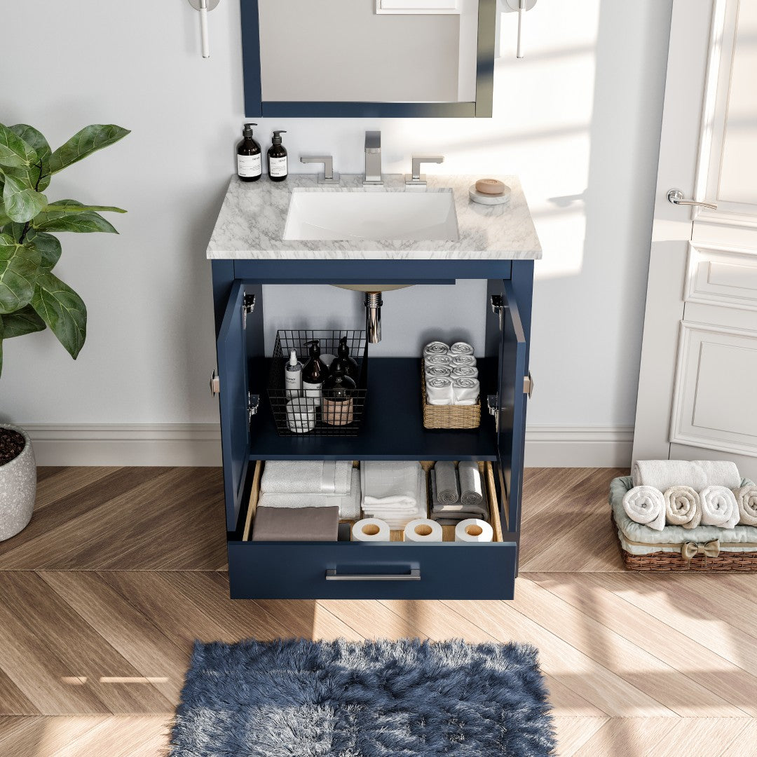 Aberdeen 30 in. Blue Single Sink Bath Vanity with Carrara Marble Top and Undermount Porcelain Sink