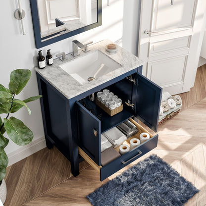 Aberdeen 30 in. Blue Single Sink Bath Vanity with Carrara Marble Top and Undermount Porcelain Sink