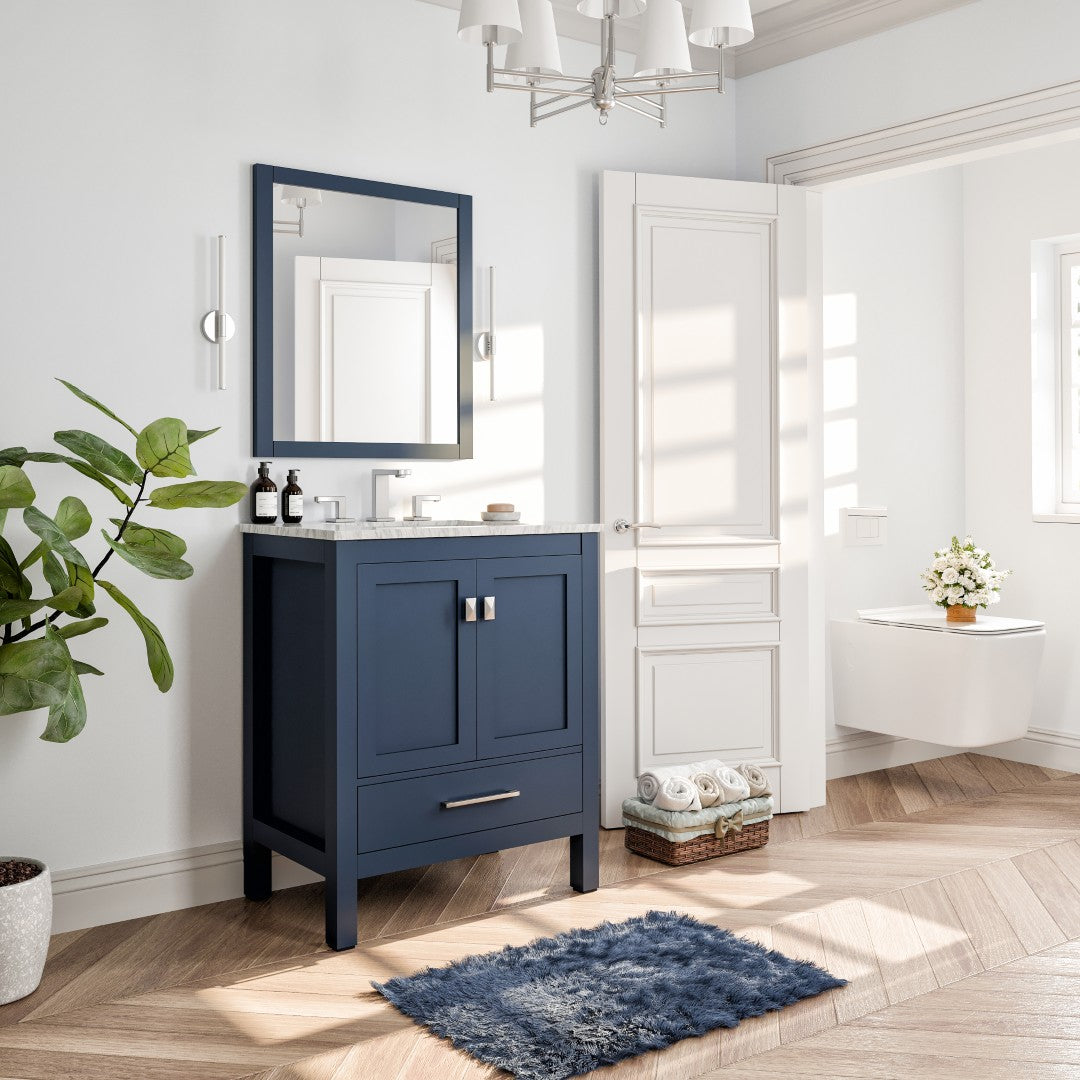 Aberdeen 30 in. Blue Single Sink Bath Vanity with Carrara Marble Top and Undermount Porcelain Sink