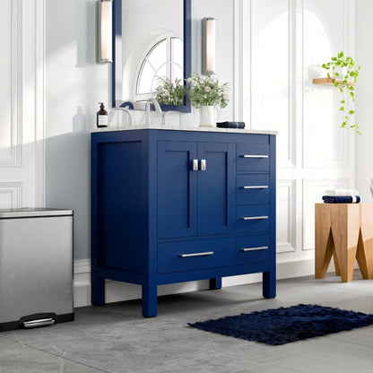 Aberdeen 36 in. Blue Single Sink Bath Vanity with Carrara Marble Top and Undermount Porcelain Sink