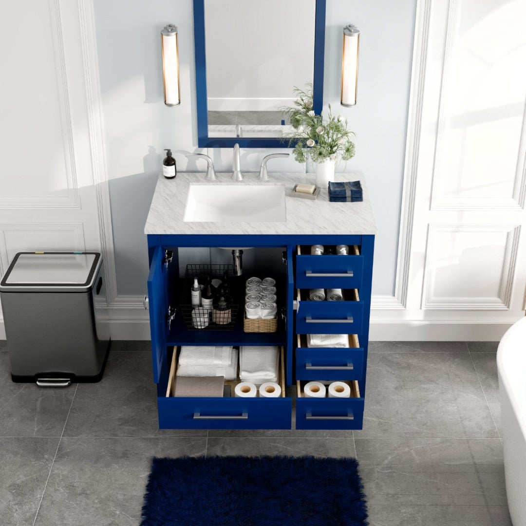 Aberdeen 36 in. Blue Single Sink Bath Vanity with Carrara Marble Top and Undermount Porcelain Sink