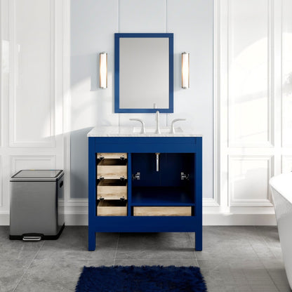 Aberdeen 36 in. Blue Single Sink Bath Vanity with Carrara Marble Top and Undermount Porcelain Sink