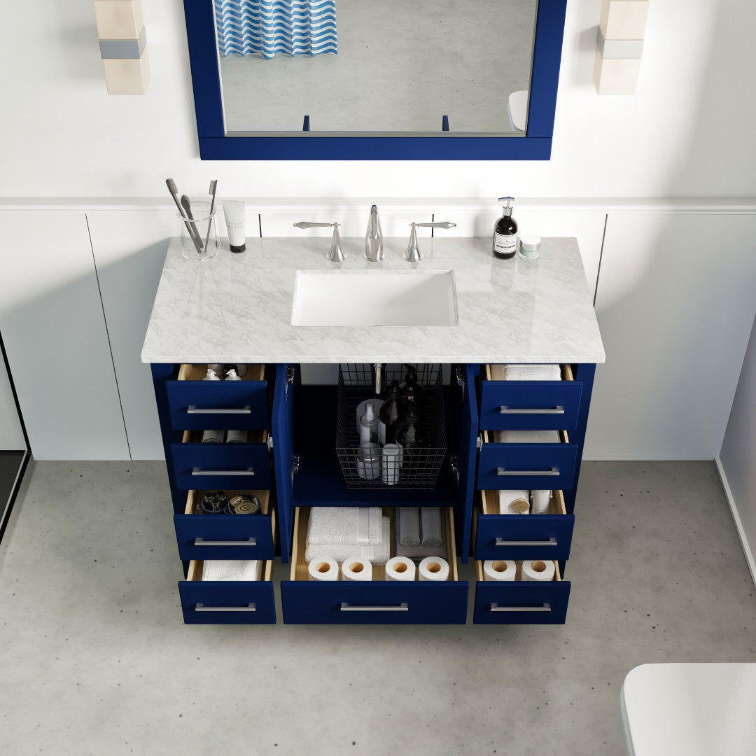 Aberdeen 42 in. Blue Single Sink Bath Vanity with Carrara Marble Top and Undermount Porcelain Sink