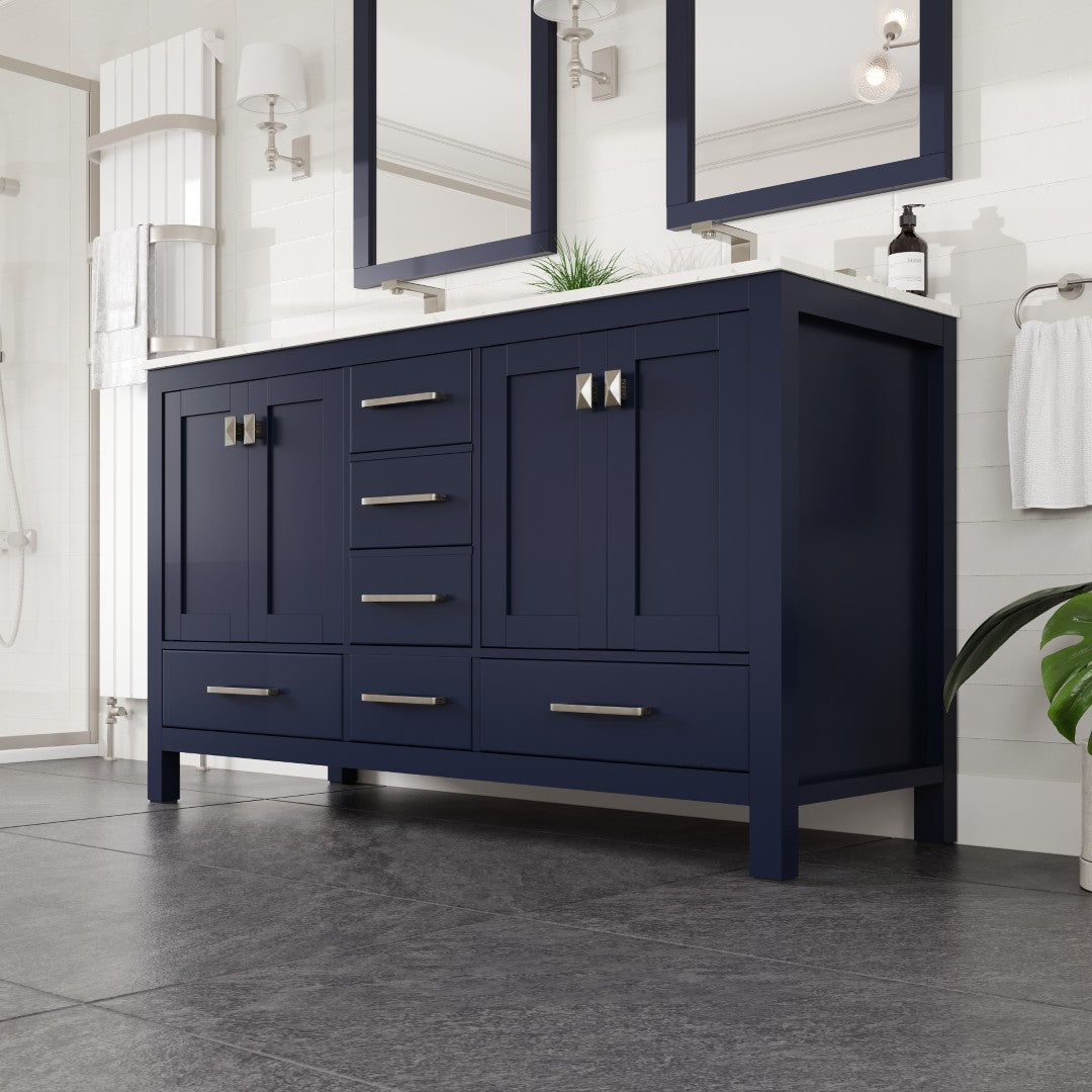 Aberdeen 60 in. Blue Double Sink  Bath Vanity with Carrara Quartz Top and Undermount Porcelain Sinks