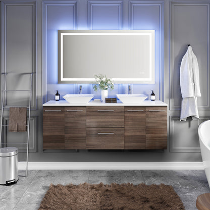 Lux 60 in. Gray Oak Wall Mount Double Sink Bath Vanity with White Quartz Top and Vessel Porcelain Sinks