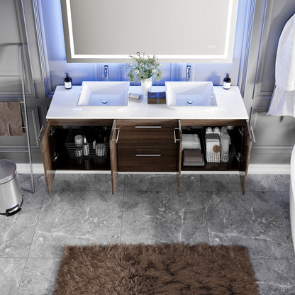 Lux 60 in. Gray Oak Wall Mount Double Sink Bath Vanity with White Quartz Top and Vessel Porcelain Sinks