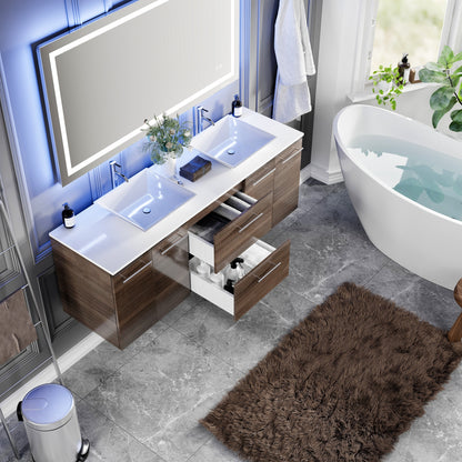 Lux 60 in. Gray Oak Wall Mount Double Sink Bath Vanity with White Quartz Top and Vessel Porcelain Sinks