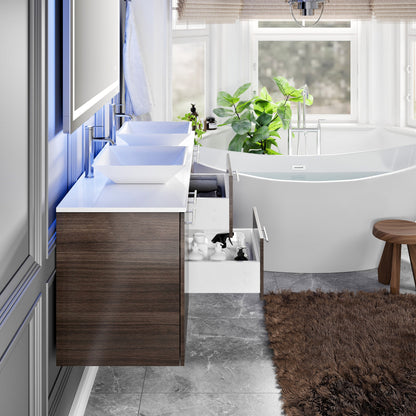 Lux 60 in. Gray Oak Wall Mount Double Sink Bath Vanity with White Quartz Top and Vessel Porcelain Sinks