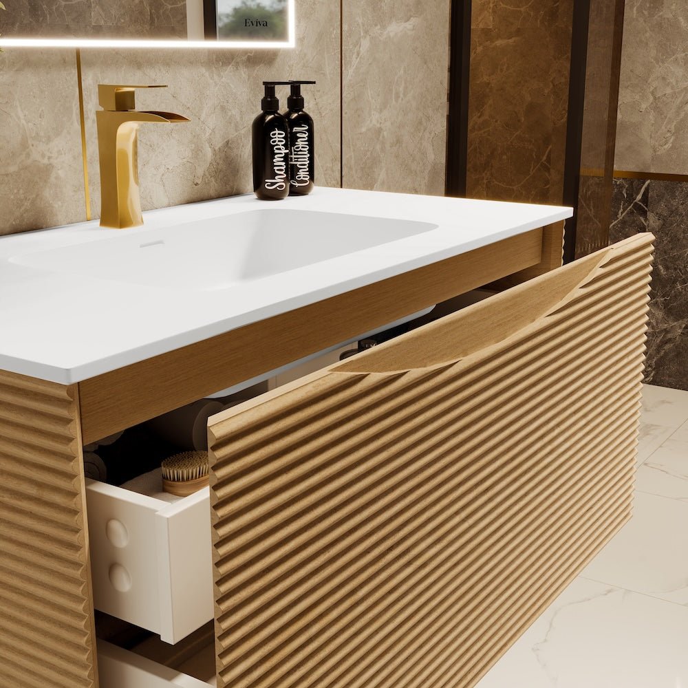 Leah 39 in. Medium Oak Wall Mount Single Sink Bath Vanity with Solid Surface Top and Integrated Sink - Bathroom Vanity by Eviva