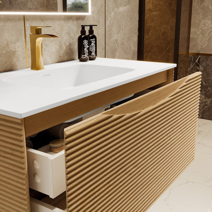 Leah 39 in. Medium Oak Wall Mount Single Sink Bath Vanity with Solid Surface Top and Integrated Sink - Bathroom Vanity by Eviva