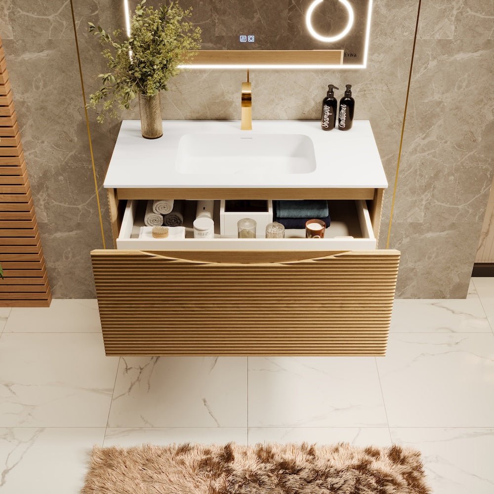 Leah 39 in. Medium Oak Wall Mount Single Sink Bath Vanity with Solid Surface Top and Integrated Sink - Bathroom Vanity by Eviva