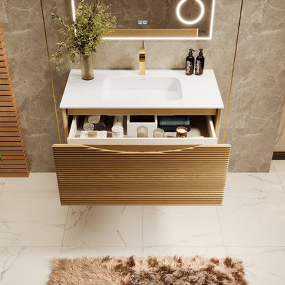 Leah 39 in. Medium Oak Wall Mount Single Sink Bath Vanity with Solid Surface Top and Integrated Sink - Bathroom Vanity by Eviva