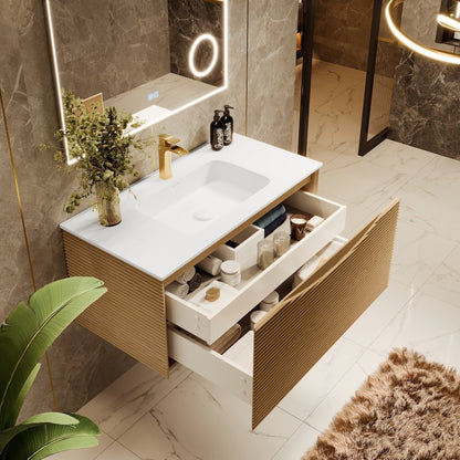 Leah 39 in. Medium Oak Wall Mount Single Sink Bath Vanity with Solid Surface Top and Integrated Sink - Bathroom Vanity by Eviva
