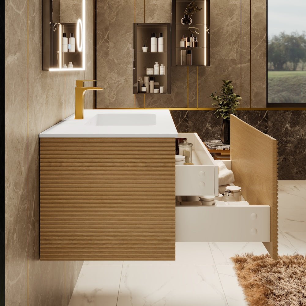 Leah 39 in. Medium Oak Wall Mount Single Sink Bath Vanity with Solid Surface Top and Integrated Sink - Bathroom Vanity by Eviva