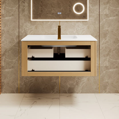 Leah 39 in. Medium Oak Wall Mount Single Sink Bath Vanity with Solid Surface Top and Integrated Sink - Bathroom Vanity by Eviva
