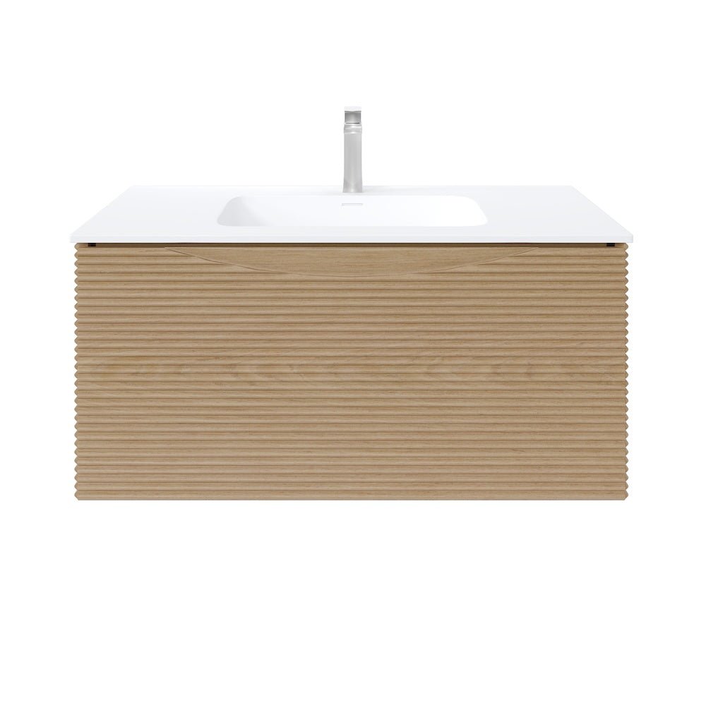 Leah 39 in. Medium Oak Wall Mount Single Sink Bath Vanity with Solid Surface Top and Integrated Sink - Bathroom Vanity by Eviva
