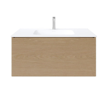 Leah 39 in. Medium Oak Wall Mount Single Sink Bath Vanity with Solid Surface Top and Integrated Sink - Bathroom Vanity by Eviva