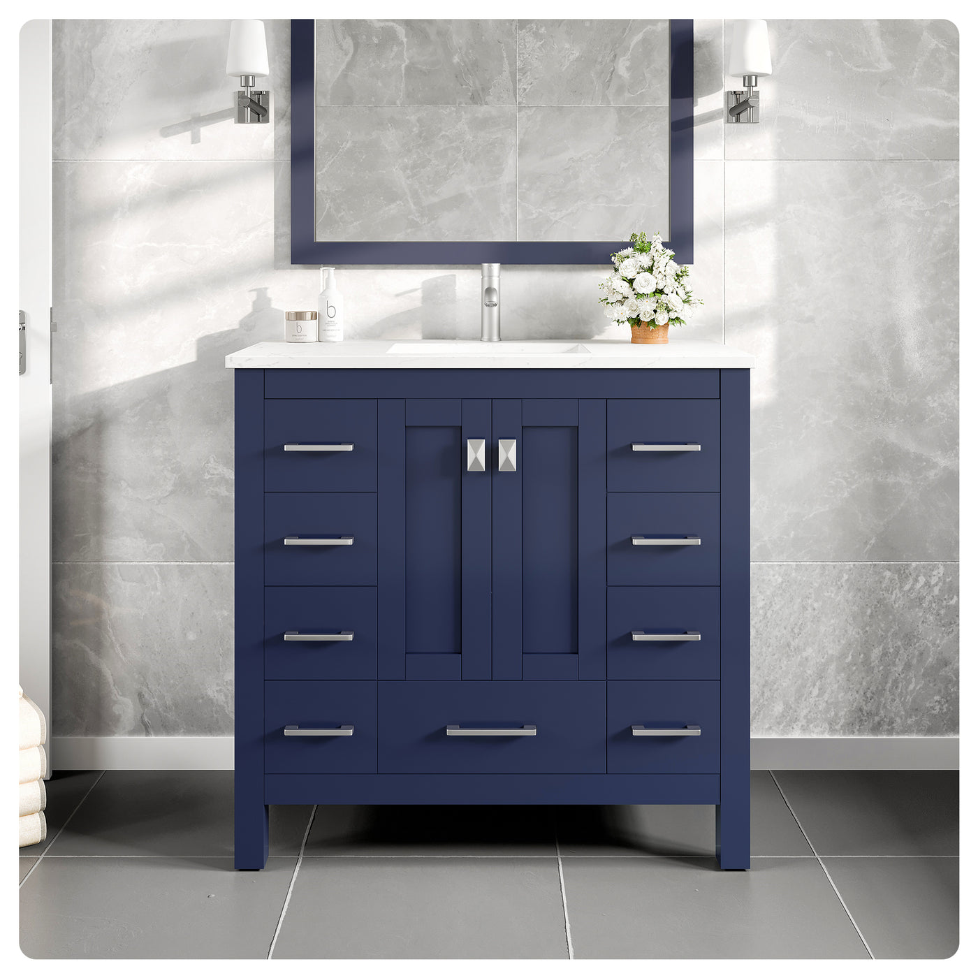 Hampton 36"W x 18"D Blue Bathroom Vanity with White Carrara Quartz Countertop and Undermount Porcelain Sink