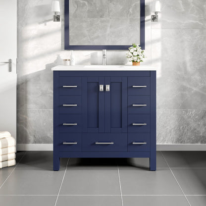 Hampton 36 in. Blue Single Sink Bath Vanity with Carrara Quartz Top and Undermount Porcelain Sink