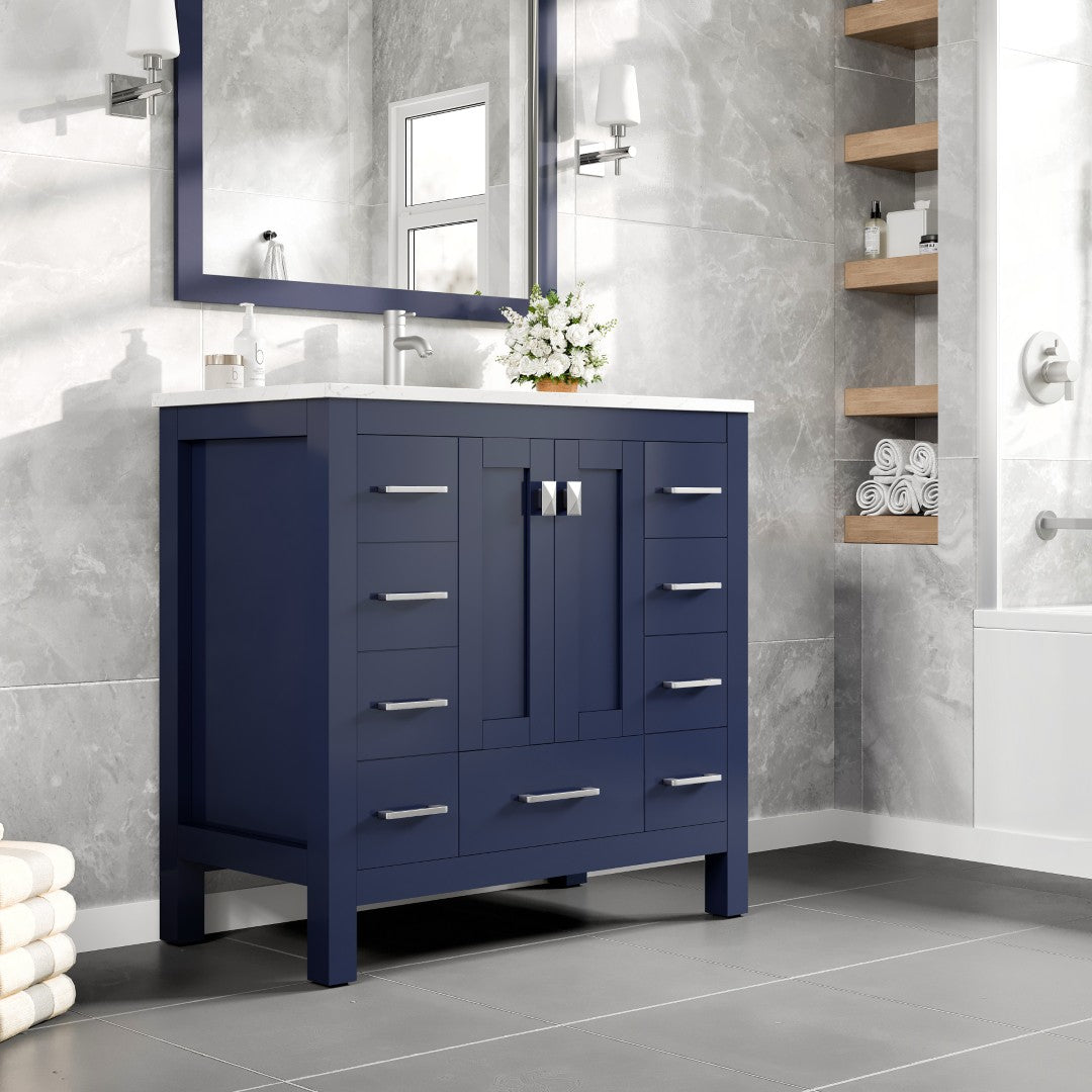 Hampton 36 in. Blue Single Sink Bath Vanity with Carrara Quartz Top and Undermount Porcelain Sink