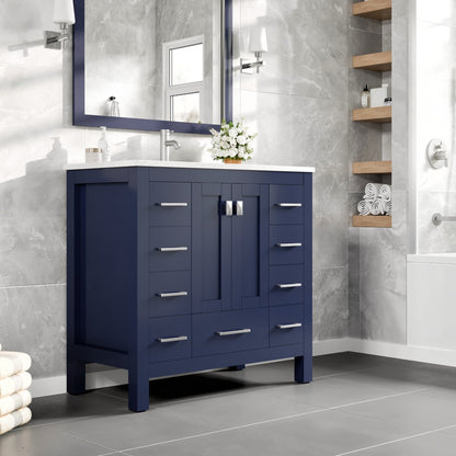 Hampton 36 in. Blue Single Sink Bath Vanity with Carrara Quartz Top and Undermount Porcelain Sink