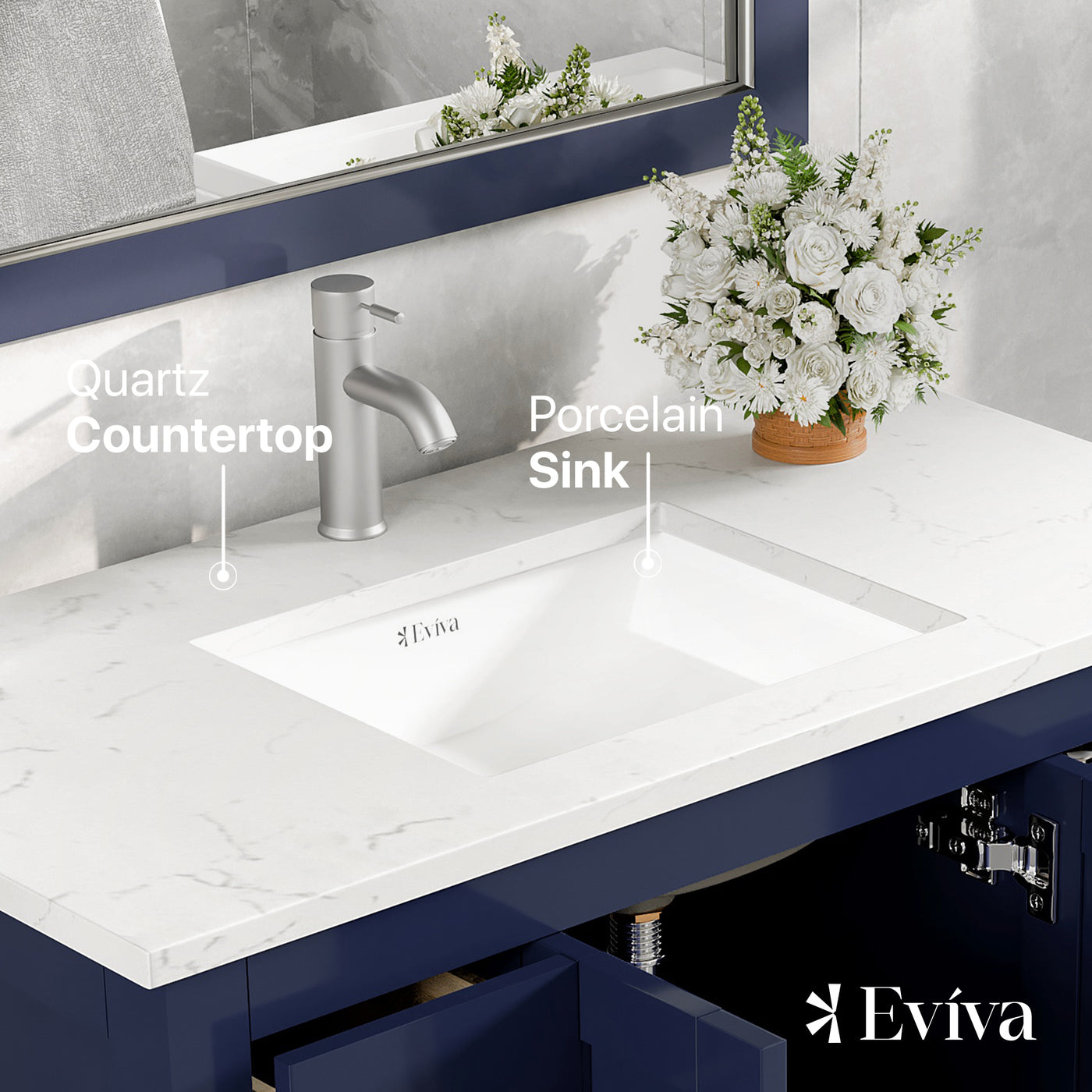 Hampton 36"W x 18"D Blue Bathroom Vanity with White Carrara Quartz Countertop and Undermount Porcelain Sink