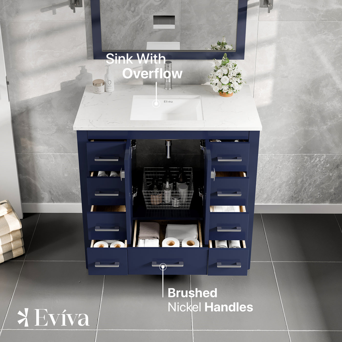 Hampton 36"W x 18"D Blue Bathroom Vanity with White Carrara Quartz Countertop and Undermount Porcelain Sink