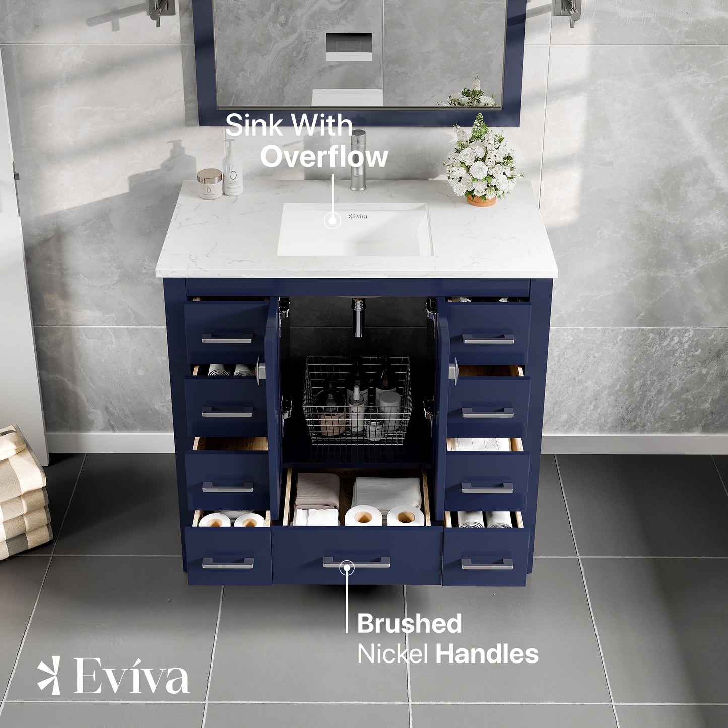 Hampton 36"W x 18"D Blue Bathroom Vanity with Carrara Quartz Countertop and Undermount Porcelain Sink