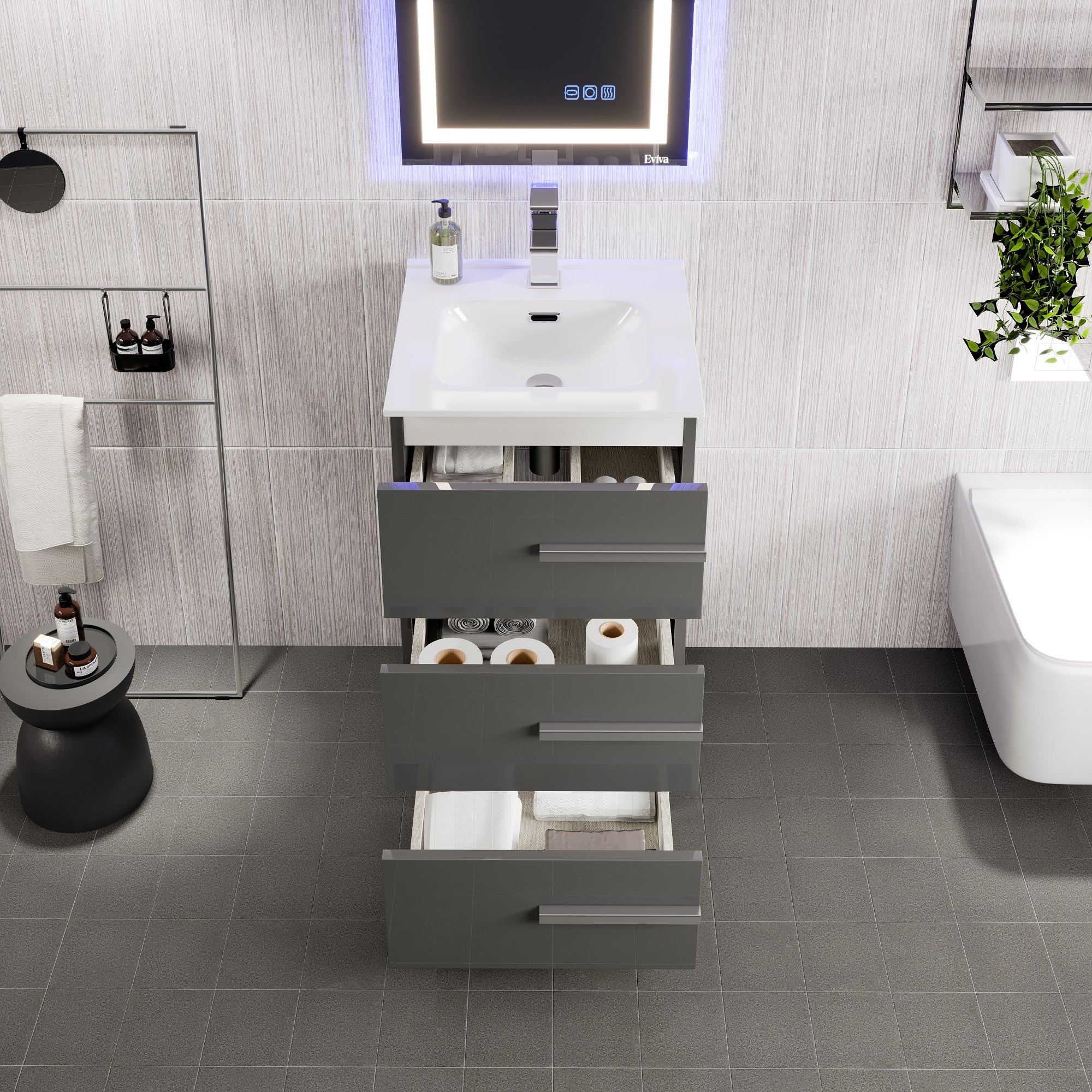 Deluxe 20 in. Gray Single Sink Bath Vanity with Porcelain Top and Integrated Sink