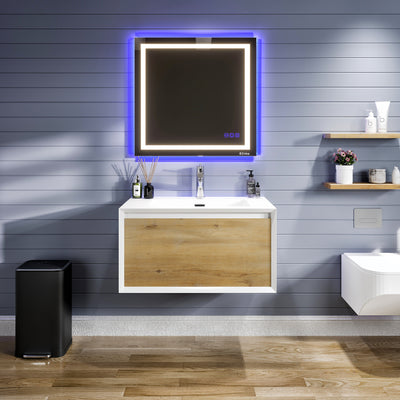 Venice 36"W x 19"D Oak Wall Mount Bathroom Vanity with White Acrylic Countertop and Integrated Sink