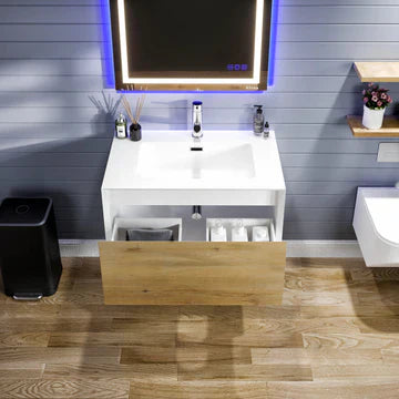 Venice 36"W x 19"D Oak Wall Mount Bathroom Vanity with White Acrylic Countertop and Integrated Sink