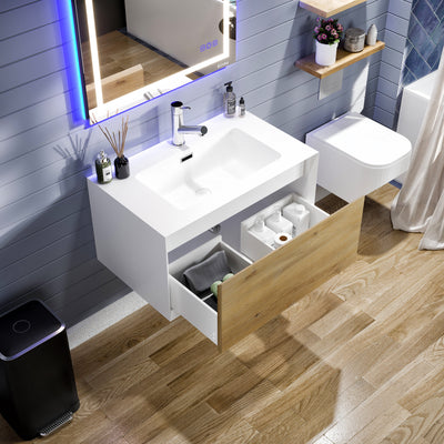 Venice 36"W x 19"D Oak Wall Mount Bathroom Vanity with White Acrylic Countertop and Integrated Sink