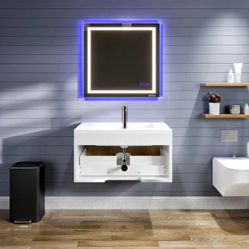 Venice 36"W x 19"D Oak Wall Mount Bathroom Vanity with White Acrylic Countertop and Integrated Sink