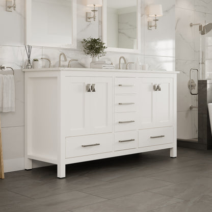 Aberdeen 60 in. White Double Sink  Bath Vanity with Carrara Quartz Top and Undermount Porcelain Sinks