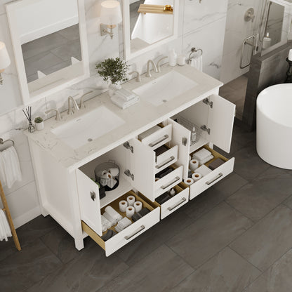 Aberdeen 60 in. White Double Sink  Bath Vanity with Carrara Quartz Top and Undermount Porcelain Sinks