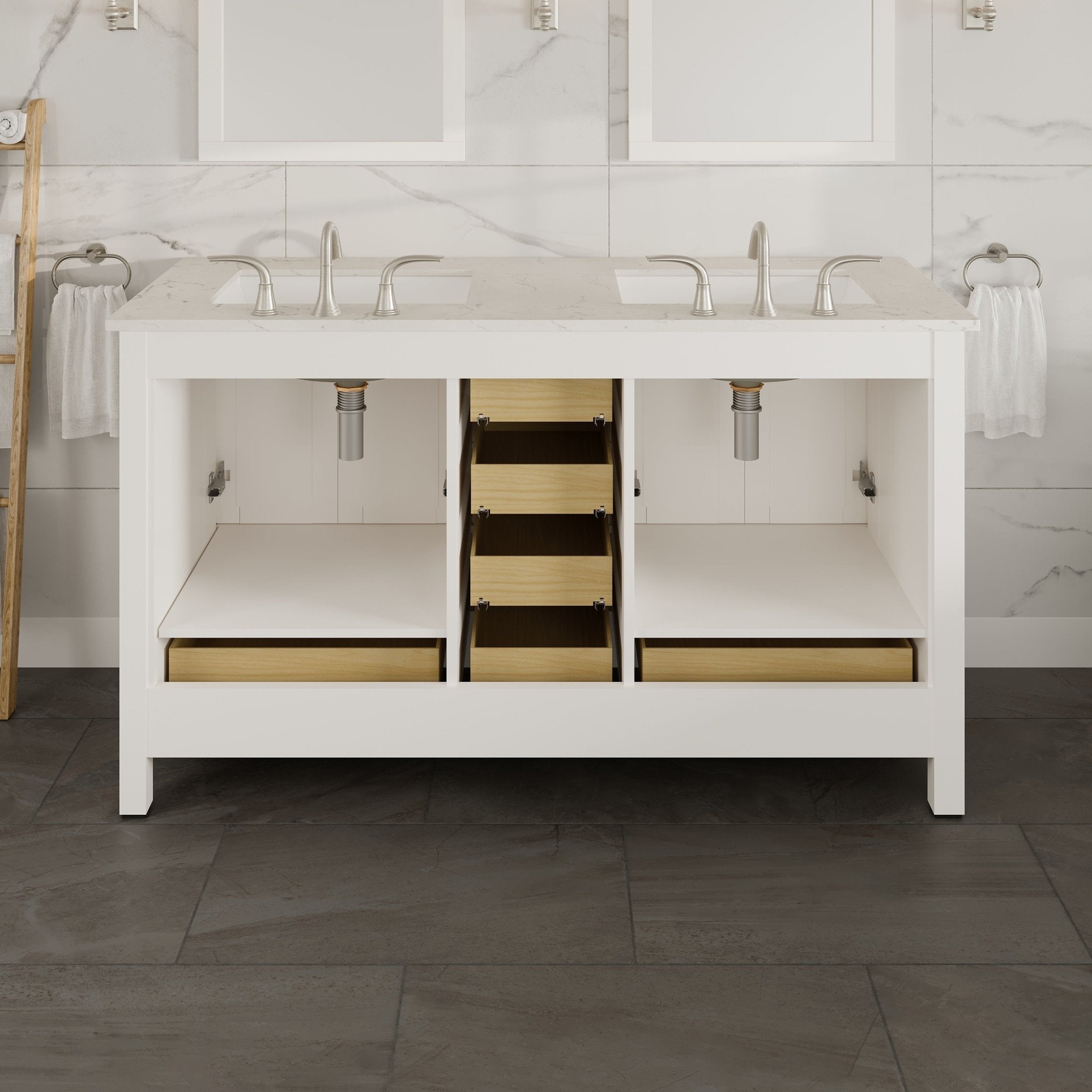 Aberdeen 60 in. White Double Sink Bath Vanity with Carrara Quartz Top and Undermount Porcelain Sinks - Bathroom Vanity by Eviva