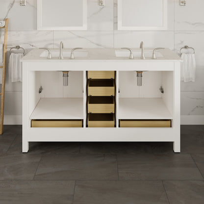 Aberdeen 60 in. White Double Sink  Bath Vanity with Carrara Quartz Top and Undermount Porcelain Sinks