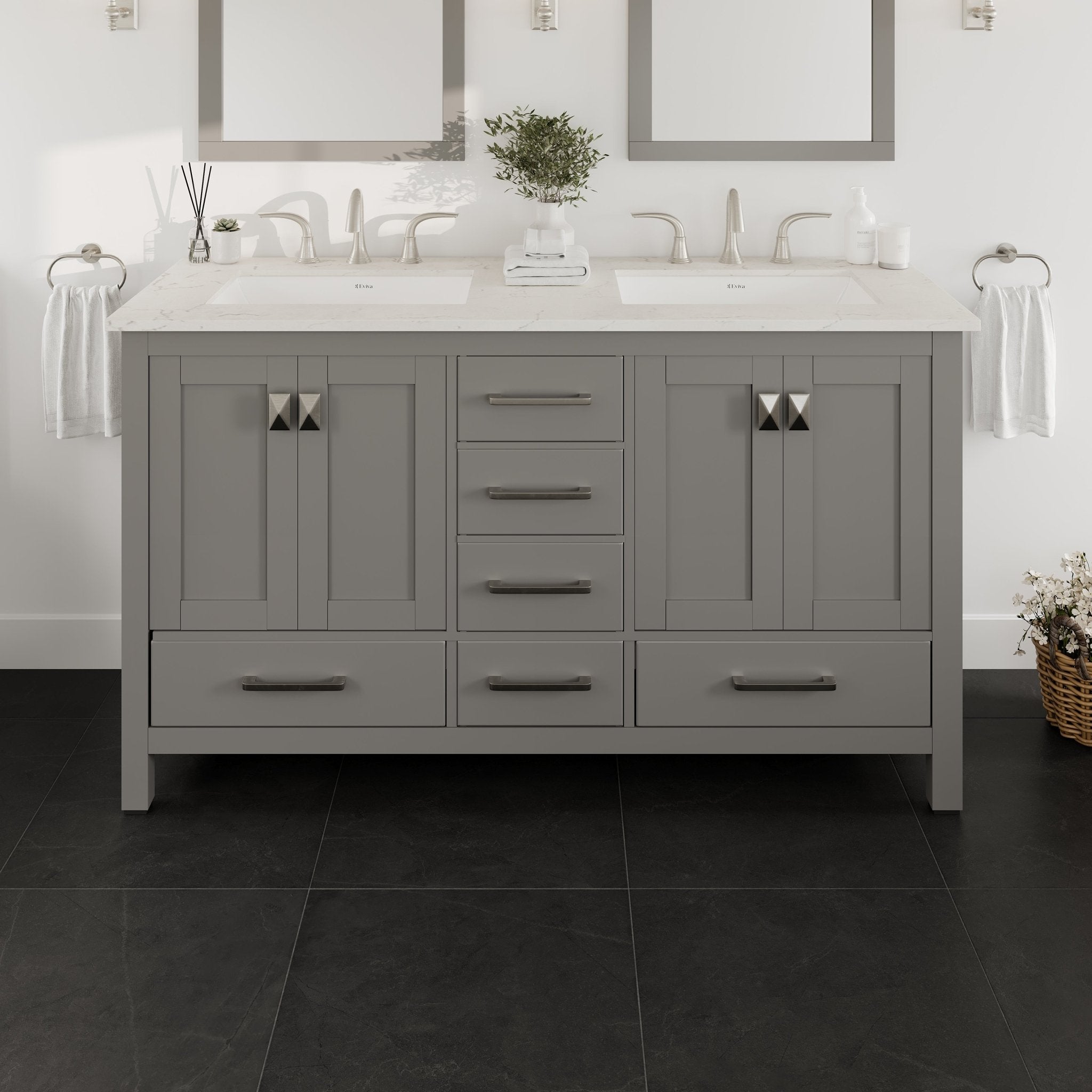Aberdeen 60 in. Gray Double Sink Bath Vanity with Carrara Quartz Top and Undermount Porcelain Sinks - Bathroom Vanity by Eviva