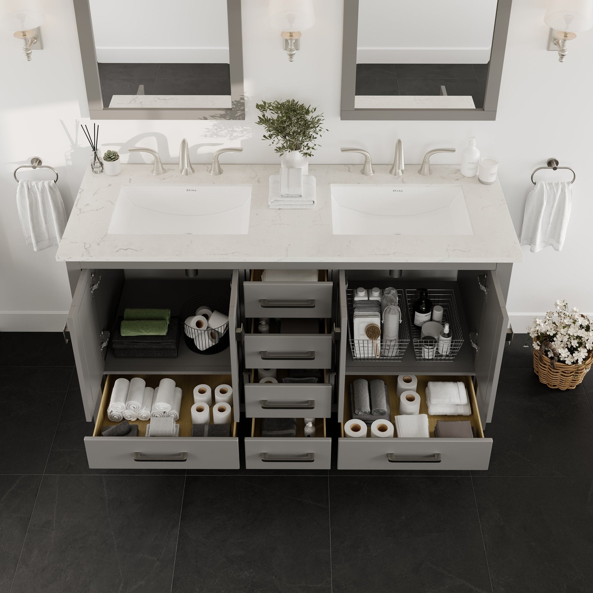 Aberdeen 60 in. Gray Double Sink Bath Vanity with Carrara Quartz Top and Undermount Porcelain Sinks - Bathroom Vanity by Eviva