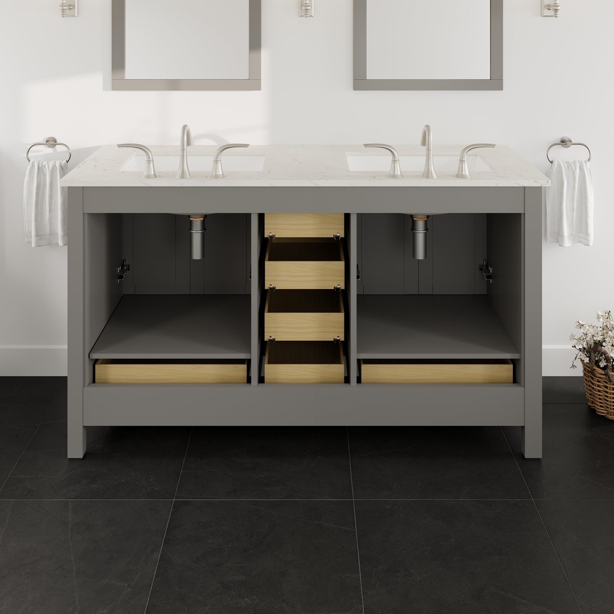 Aberdeen 60 in. Gray Double Sink Bath Vanity with Carrara Quartz Top and Undermount Porcelain Sinks - Bathroom Vanity by Eviva