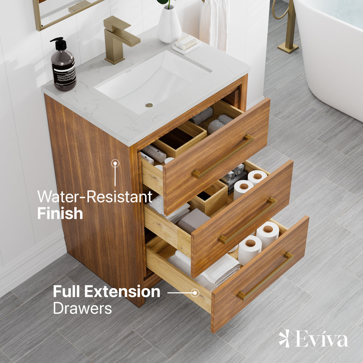 Curio 24"W x 18"D Walnut Bathroom Vanity with White Carrara Quartz Countertop and Undermount CERAMIC Sink