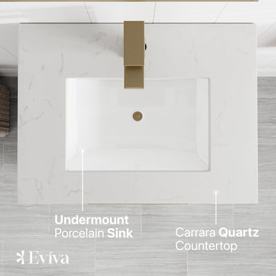 Curio 24"W x 18"D Walnut Bathroom Vanity with White Carrara Quartz Countertop and Undermount CERAMIC Sink