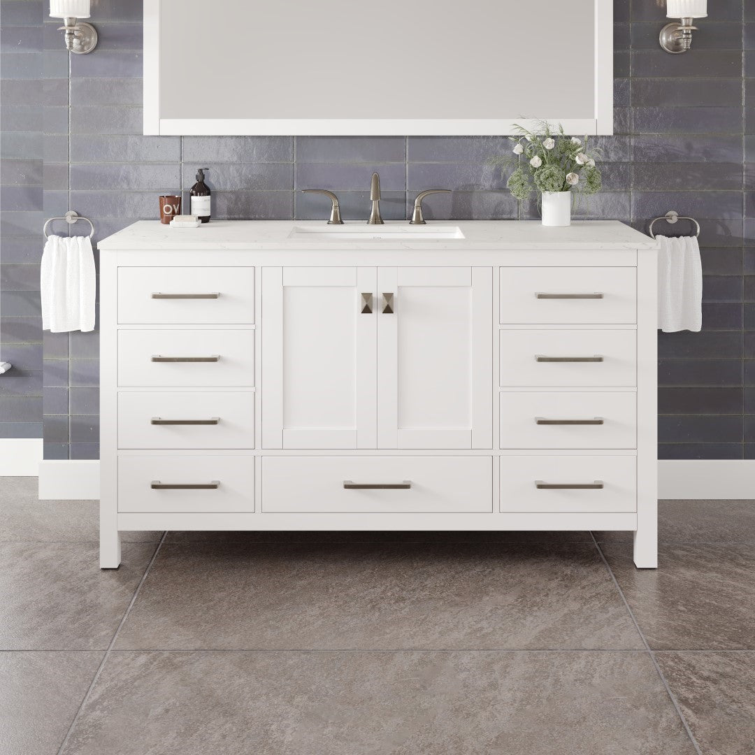 Aberdeen 60 in. White Single Sink Bath Vanity with Carrara Quartz Top and Undermount Porcelain Sink