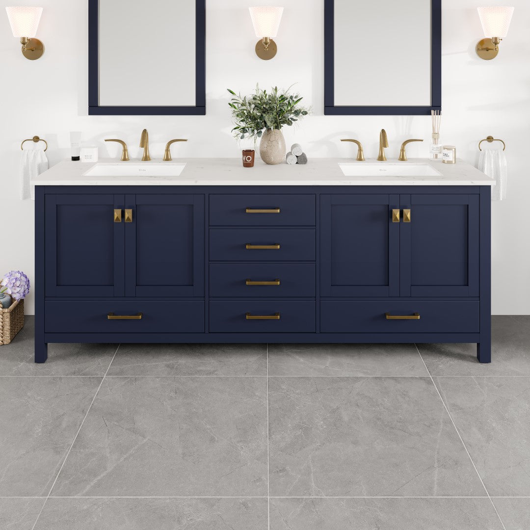 Aberdeen 84 in. Blue Double Sink  Bath Vanity with Carrara Quartz Top and Undermount Porcelain Sinks