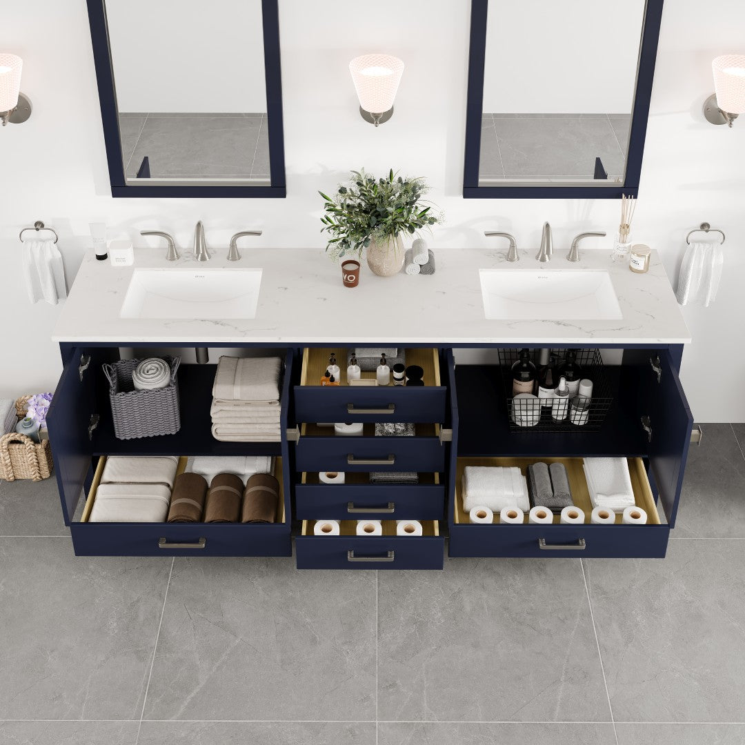 Aberdeen 84 in. Blue Double Sink  Bath Vanity with Carrara Quartz Top and Undermount Porcelain Sinks