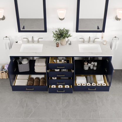 Aberdeen 84 in. Blue Double Sink  Bath Vanity with Carrara Quartz Top and Undermount Porcelain Sinks