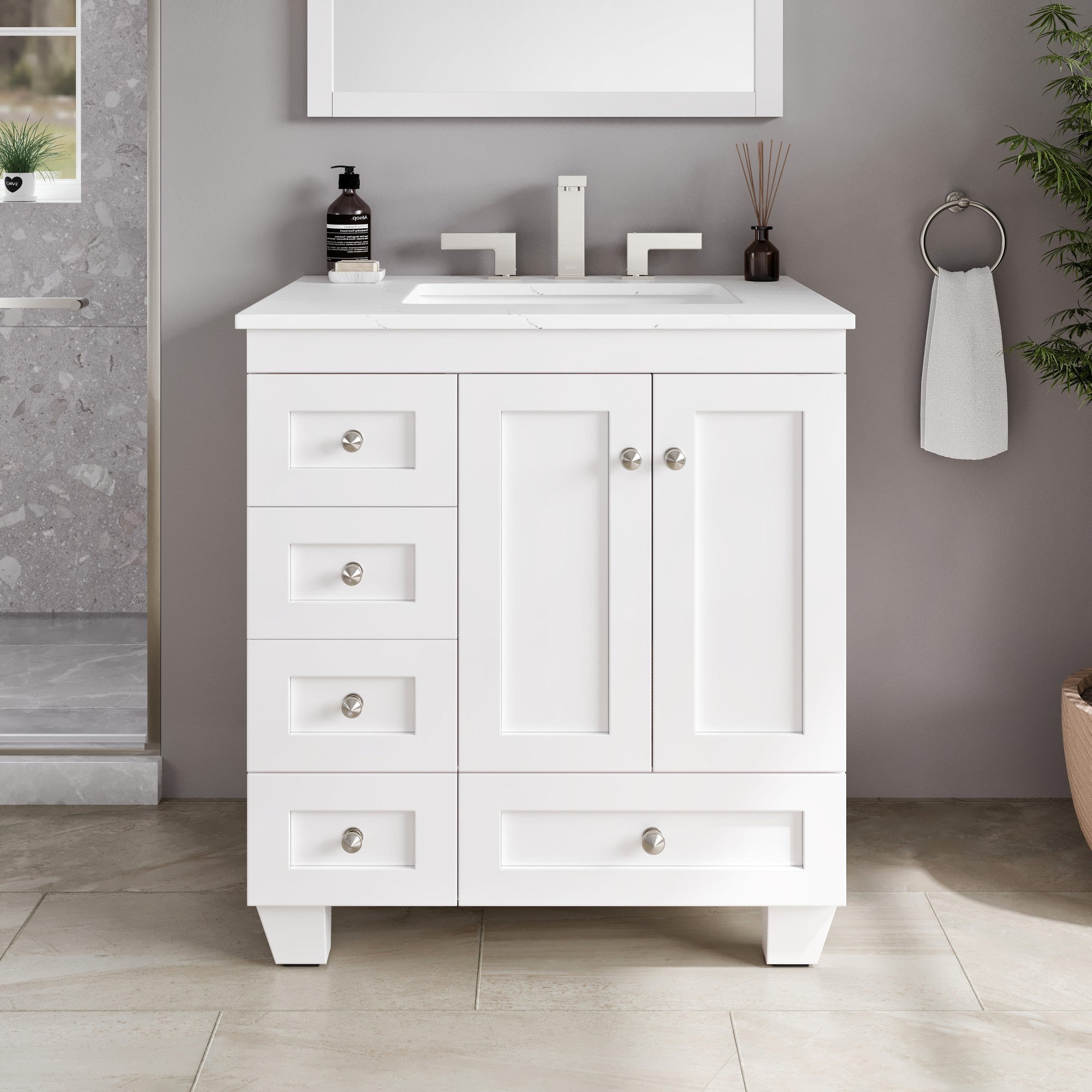 White bathroom vanity with sink and fixtures in a modern bathroom setting.