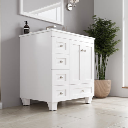 Acclaim 30 in. White Single Right Sink Bath Vanity with Carrara Quartz Top and Undermount Porcelain Sink