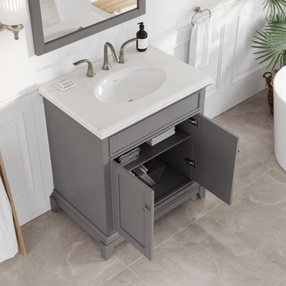 Elite Stamford 30 in. Gray Single Sink Bath Vanity with Carrara Quartz Top and Undermount Porcelain Sink