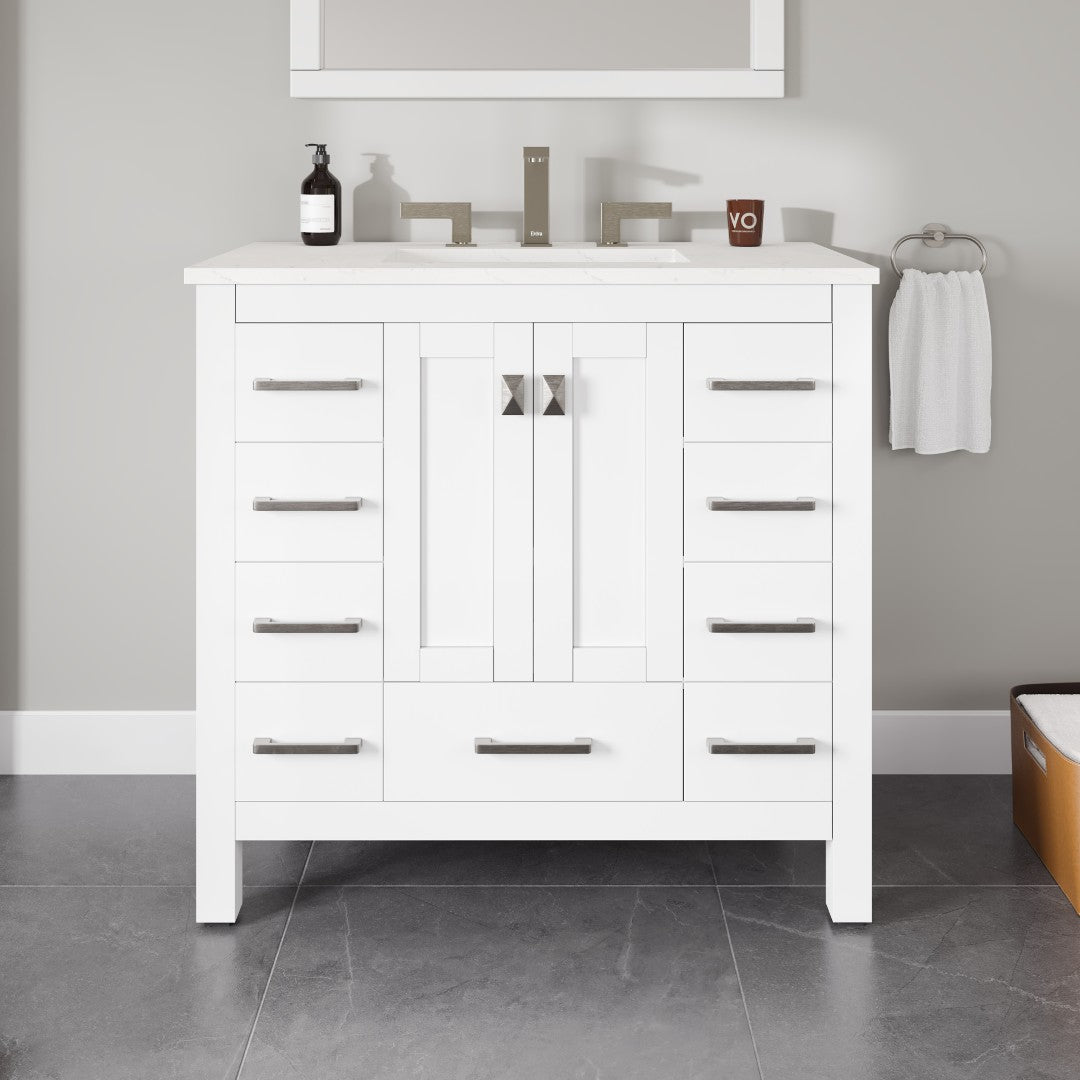 Hampton 36 in. White Single Sink Bath Vanity with Carrara Quartz Top and Undermount Porcelain Sink